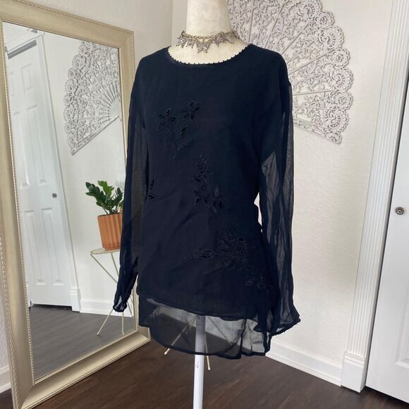 Petite Sophisticate Whimsygoth Black Mesh Velvet Floral Beaded Blouse Top L - Picture 3 of 8